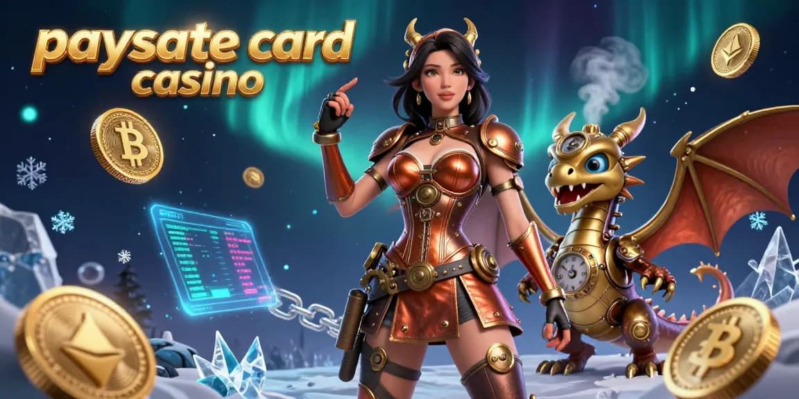 Erleben Sie die Aufregung von Paysafe Card Casinos mit einer lebhaften 3D-Szene einer Steampunk-Dame und einem Drachen zwischen Krypto-Münzen.