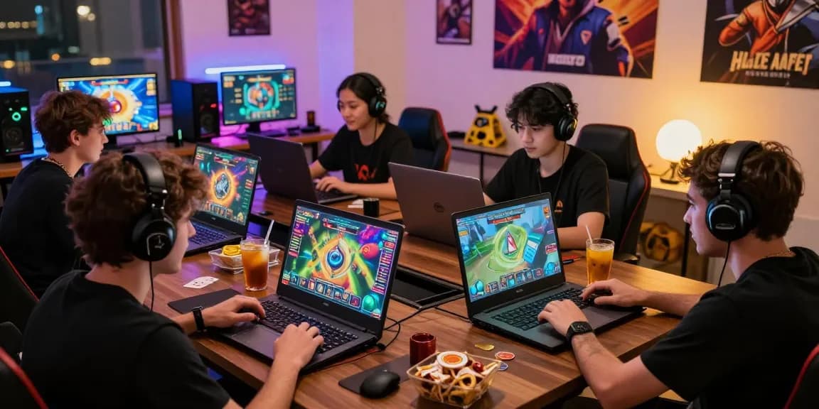 Exciting online gaming scene showcasing players enjoying rikvip card games in a cozy home office.