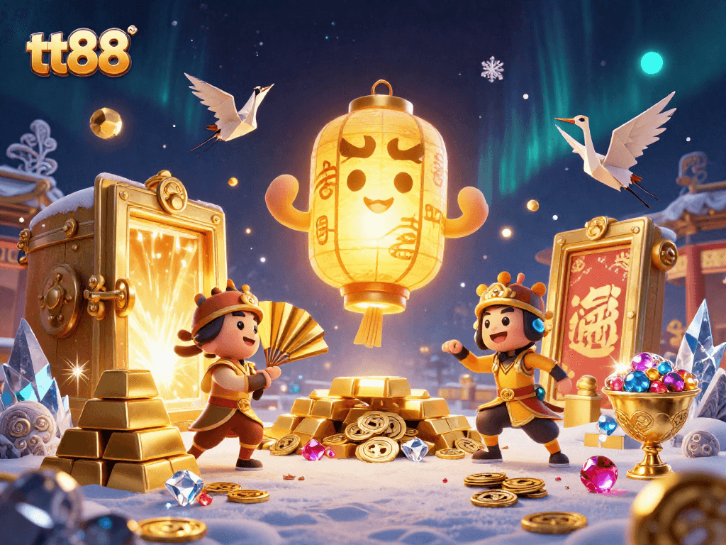 Experience winning at tt88 with a vibrant 3D casino scene filled with treasures and lucky symbols.