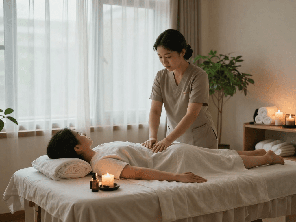 Relaxing 시흥출장안마 session in a serene wellness studio with calming ambiance and essential oils.