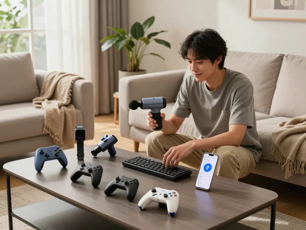 Exploring unique tech gadgets in a modern living room with Bluetooth devices and smartwatches.