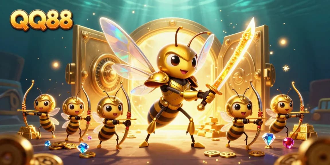 Join the exciting adventure at QQ88 with a giant golden hornet warrior leading a treasure hunt filled with riches.