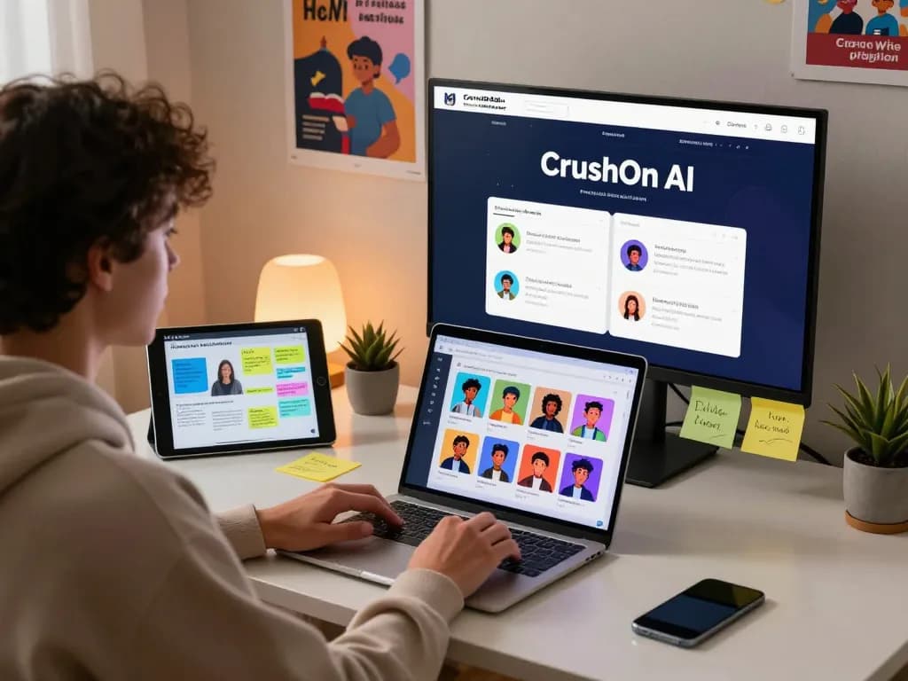 Engaging user exploring CrushOn AI character chat platform in a modern workspace.