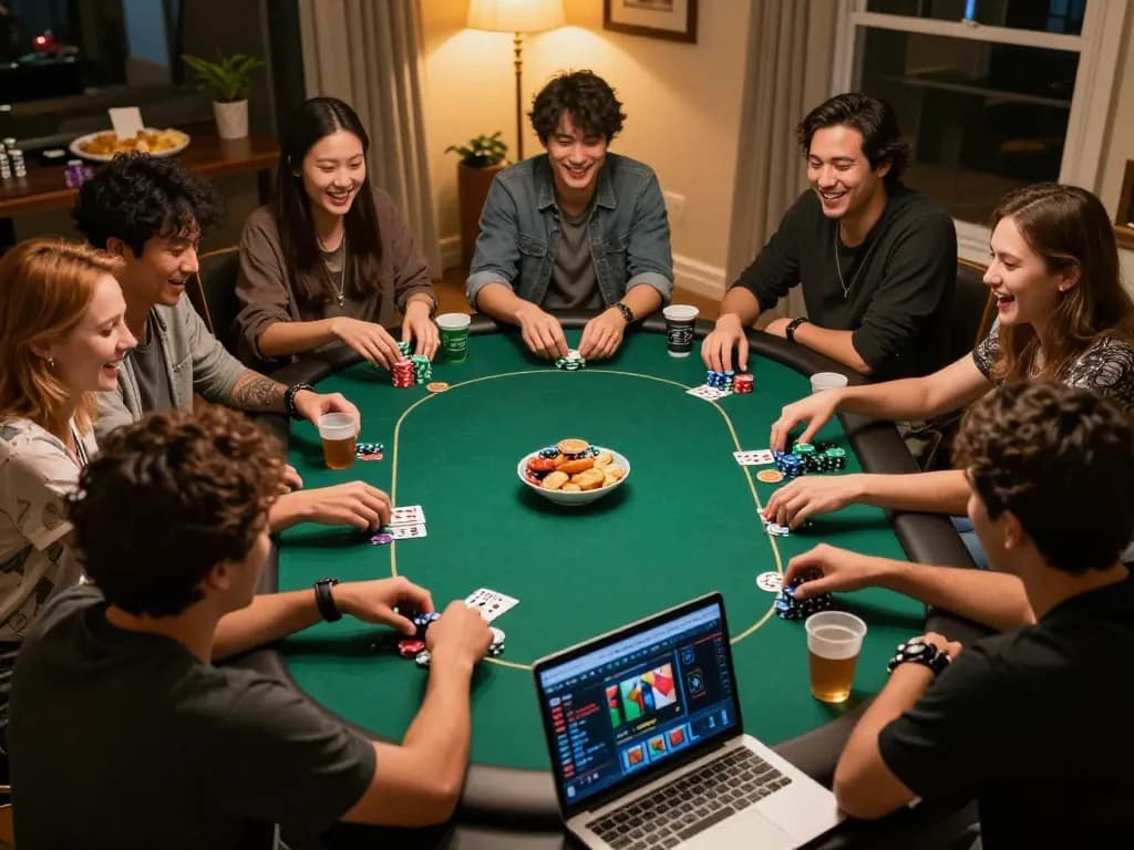 Friends enjoying an intense poker game while discussing strategies at their home, showcasing the 88vvgo community.