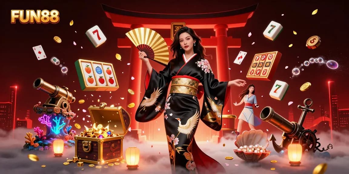 Experience FUN88 with an engaging scene of rich casino elements including slot reels and golden ritual.