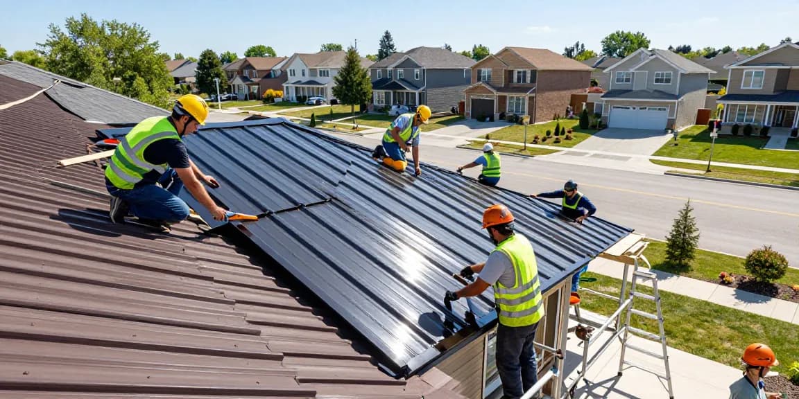Metal roofing installation in Mississauga shows professionals fitting durable metal panels, highlighting energy-efficient solutions for homeowners.