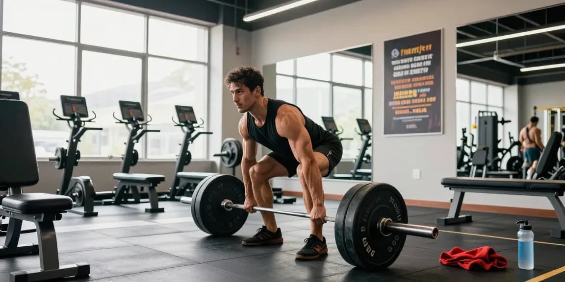 Anabolika Shop Deutschland Athlet in einem Fitnessstudio beim Kreuzheben, umgeben von Gewichten und Equipment, zeigt Stärke und Hingabe in einer hellen Umgebung.