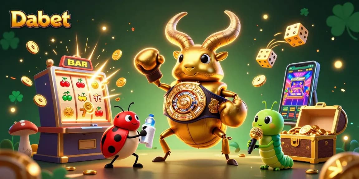 Dabet brings excitement as a golden stag beetle battles with lively casino elements in a vibrant 3D scene.
