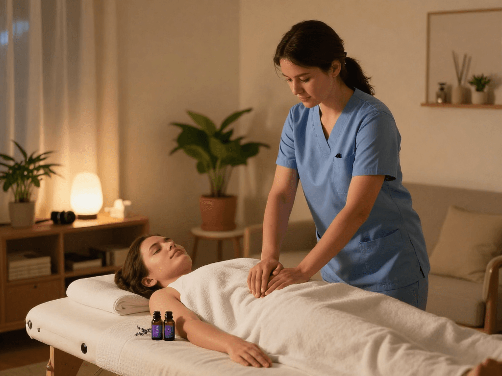 송파출장마사지 service in a cozy home setup with professional therapist preparing for a relaxing session.