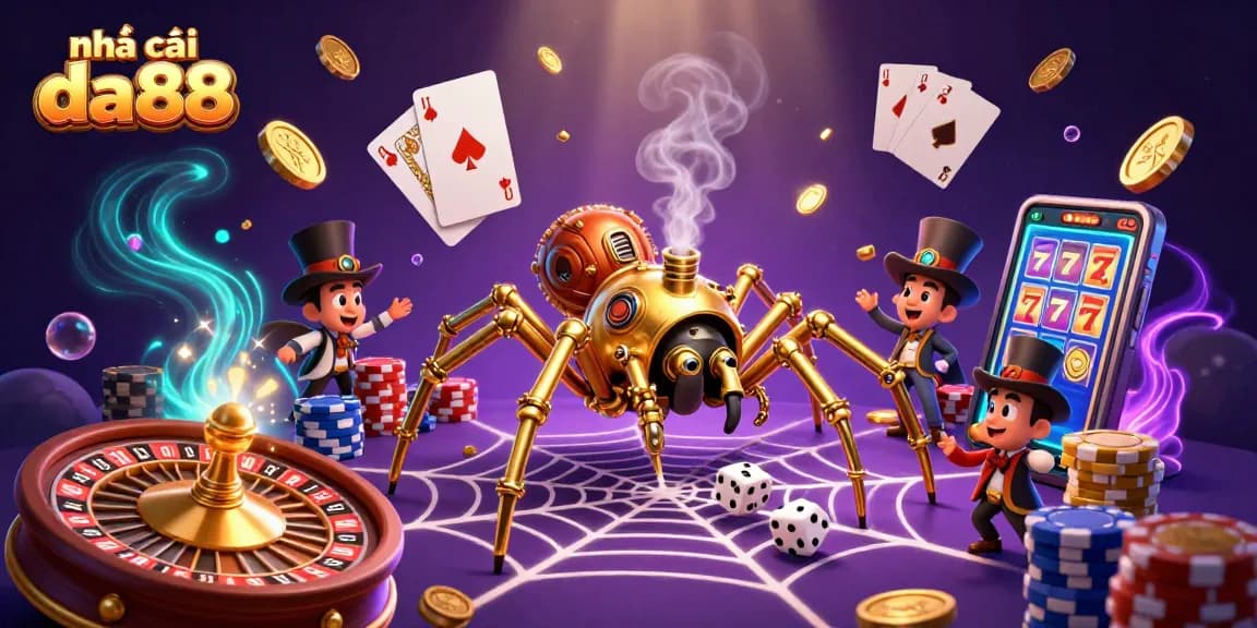 Experience excitement at nhà cái da88 with a dynamic steampunk casino scene featuring roulette and poker action.