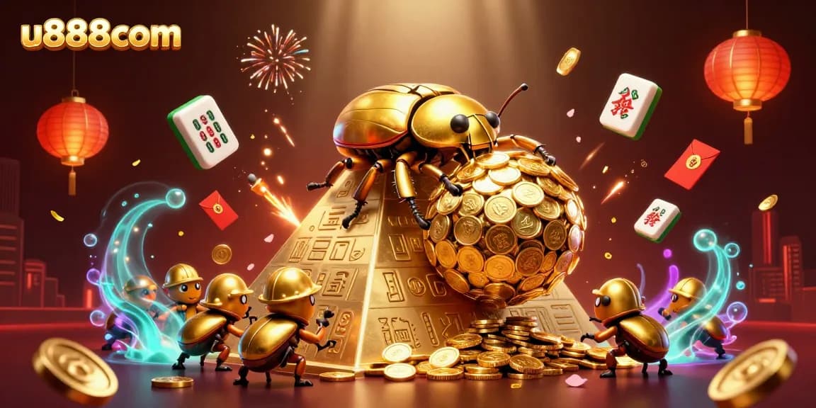 Experience the excitement at u888com with golden coins, vibrant symbols, and dynamic casino elements.