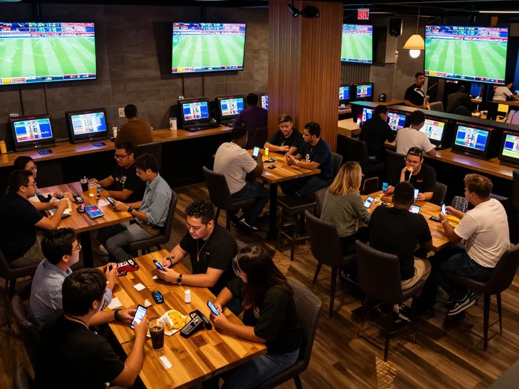 Excited bettors engaged at Rik88 casino’s sports betting lounge, analyzing odds and enjoying live games.