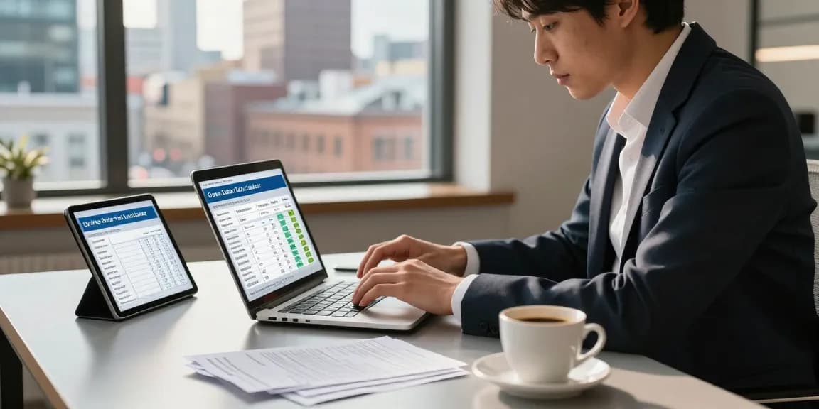 Professional using quebecsalestaxcalculator.ca at an urban workspace, focusing on tax calculations with a laptop and coffee.