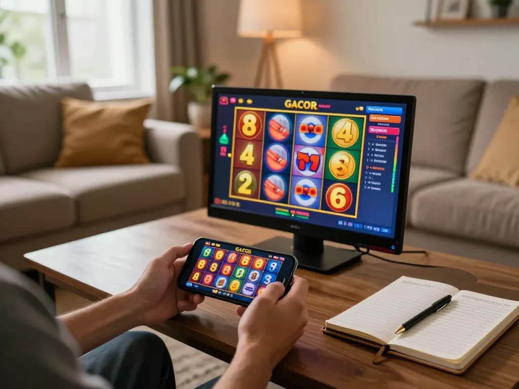 Player enjoying a slot gacor mobile game on a smartphone, surrounded by comfortable home setting elements.