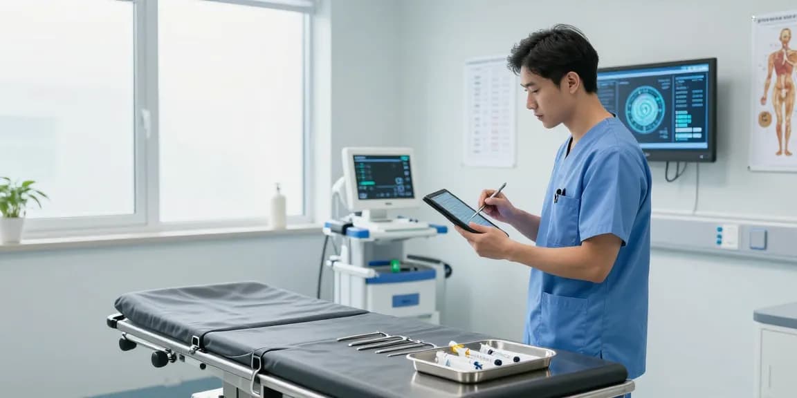 Healthcare professional examining patient data with medical instruments in modern clinic.