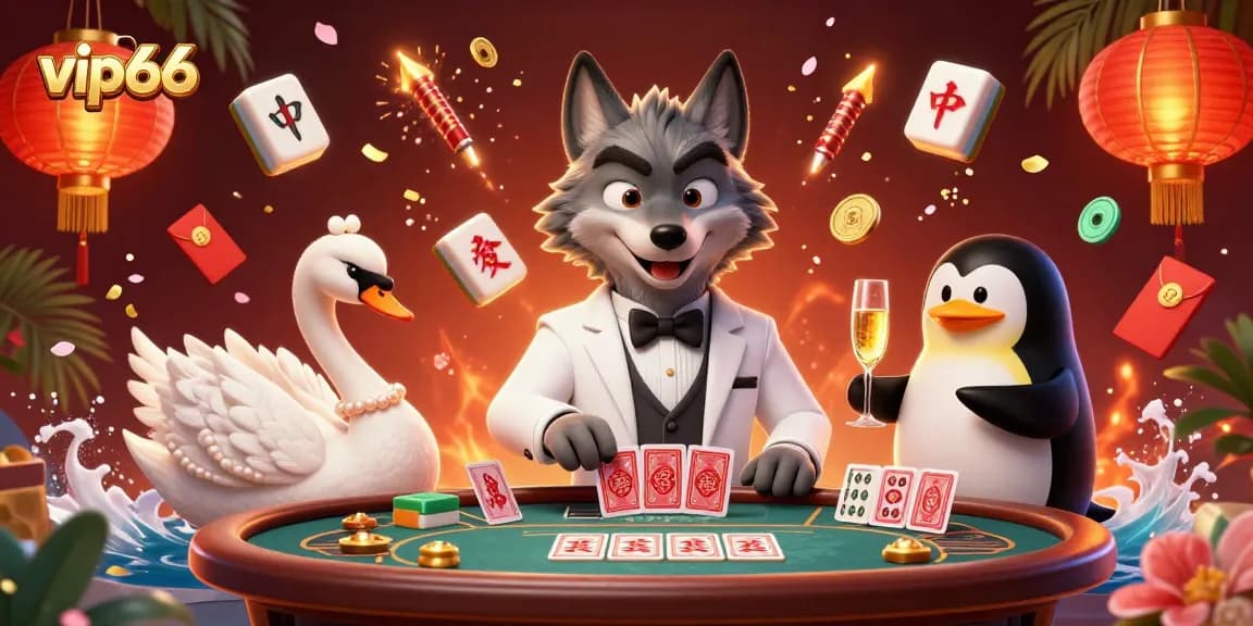 Experience vip66's thrilling baccarat with animated characters like a debonair wolf and elegant swan.