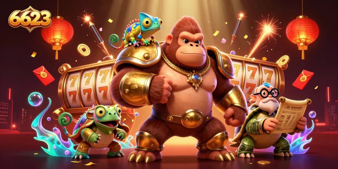 Engage in thrilling slots gameplay at 6623 with vibrant characters amidst dynamic casino elements.