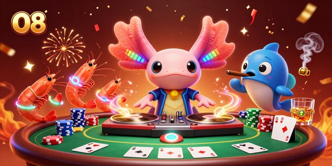 Spin to win with O8 at a vibrant poker scene featuring a neon-colored axolotl DJ.