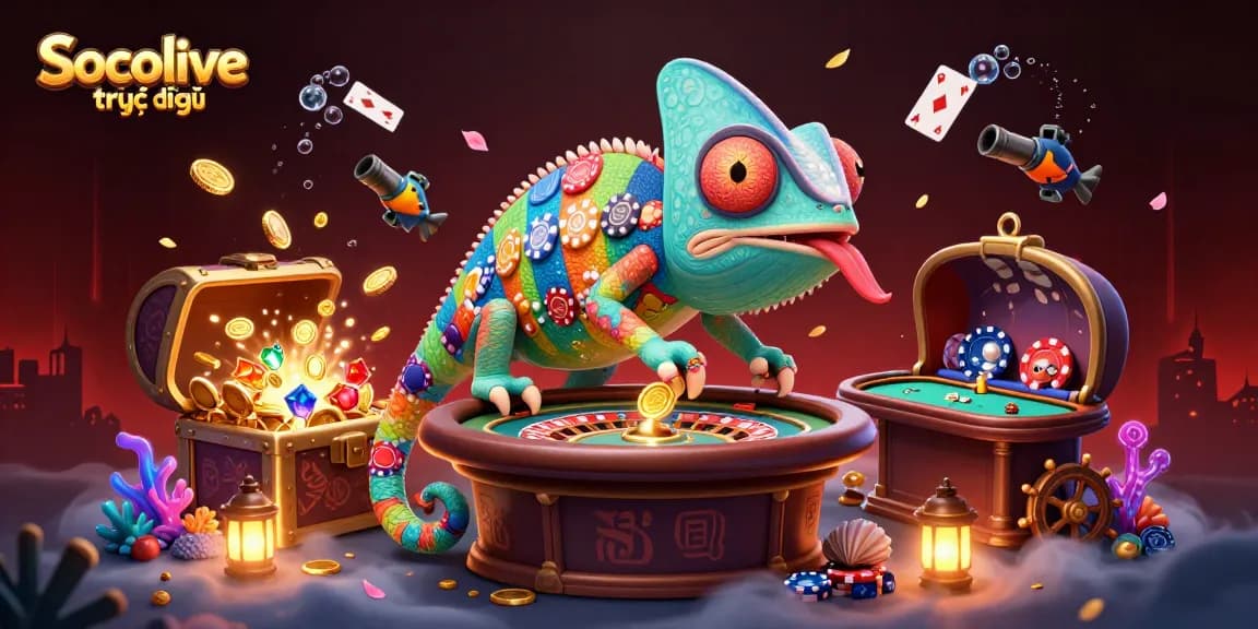 Socolive trực tiếp showcases an exciting casino scene with a colorful chameleon owner, vibrant game elements, and dynamic light effects.