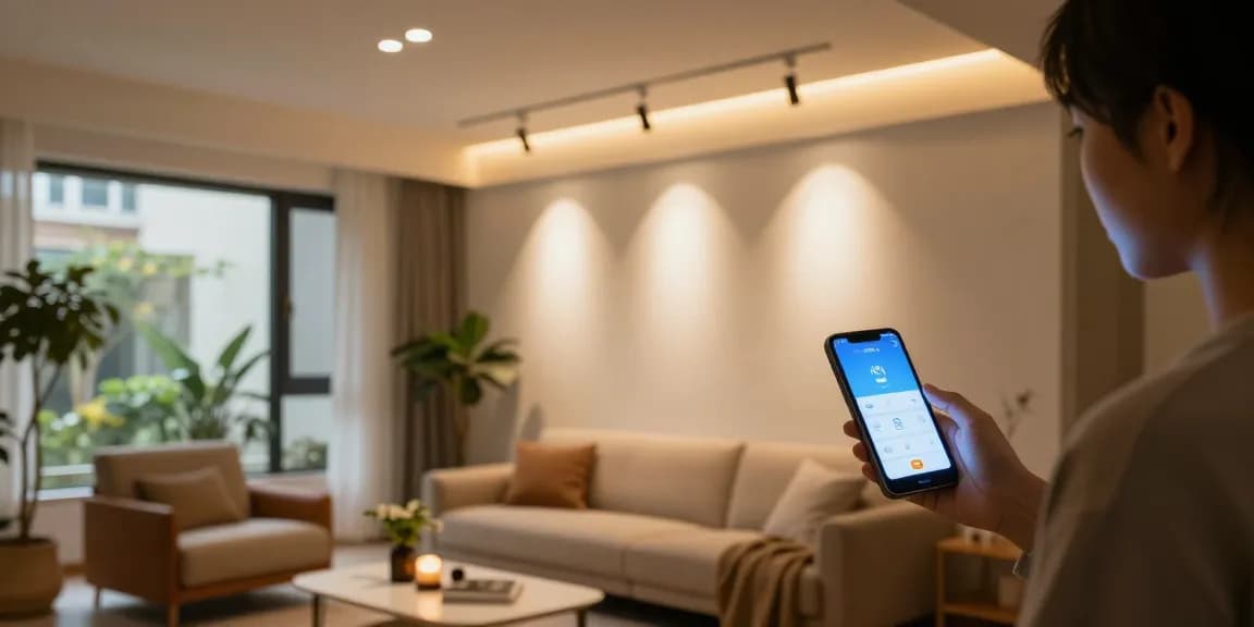 O persoană ajustând intensitatea spoturilor led într-un living modern, cu iluminat ambiental călduros.