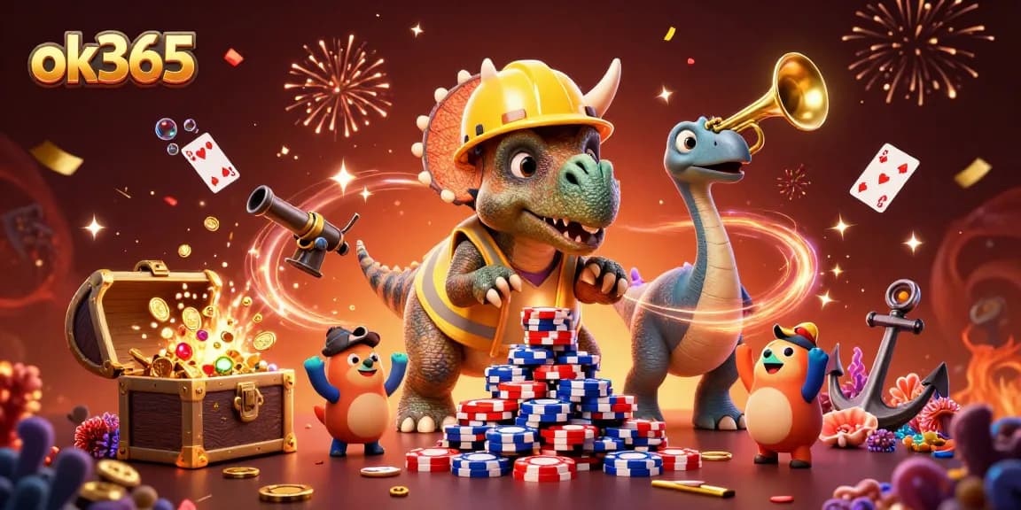 Celebrate big wins at ok365 with a fun 3D triceratops building a poker chip pyramid.