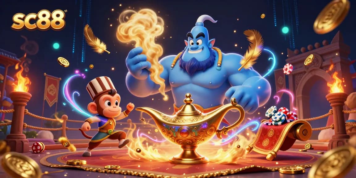 Engage in thrilling gaming adventures with sc88 featuring a genie, monkey, and casino-themed elements.