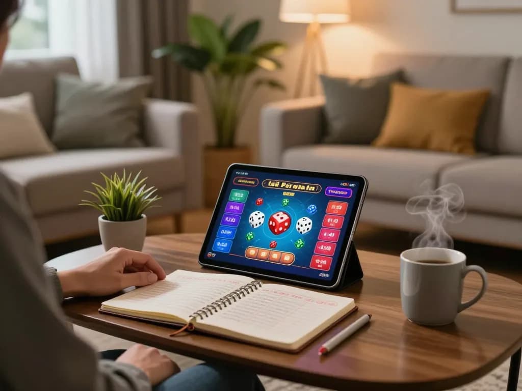 Tài xỉu online gameplay on a tablet in a cozy living room, with strategy notes and ambient lighting for a relaxed atmosphere.
