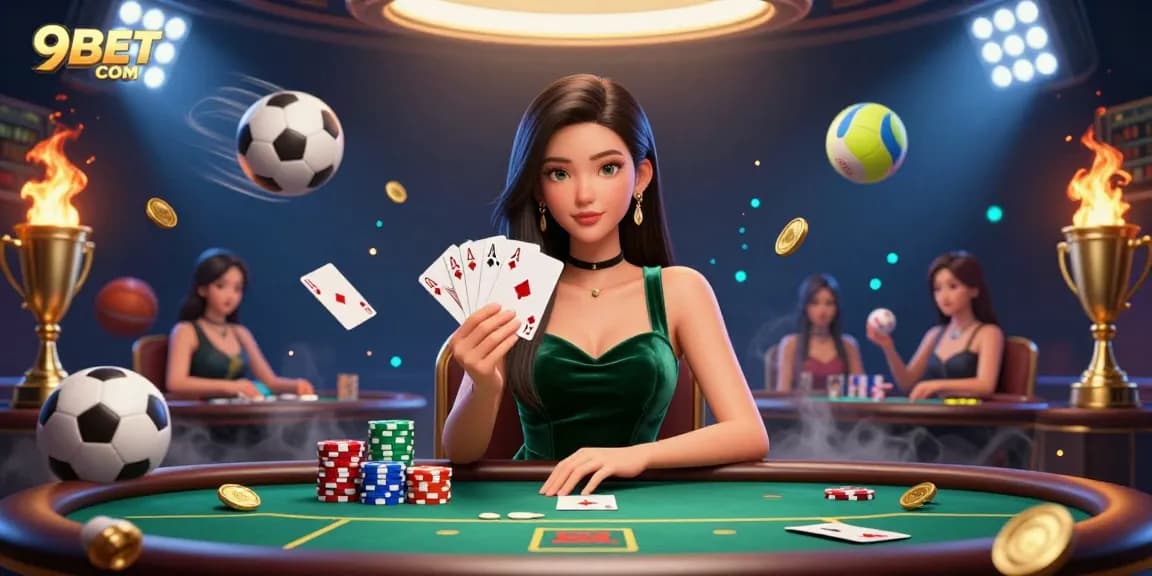 Engage with thrilling poker strategies at 9BET COM, featuring a focused player amidst dynamic sports elements.