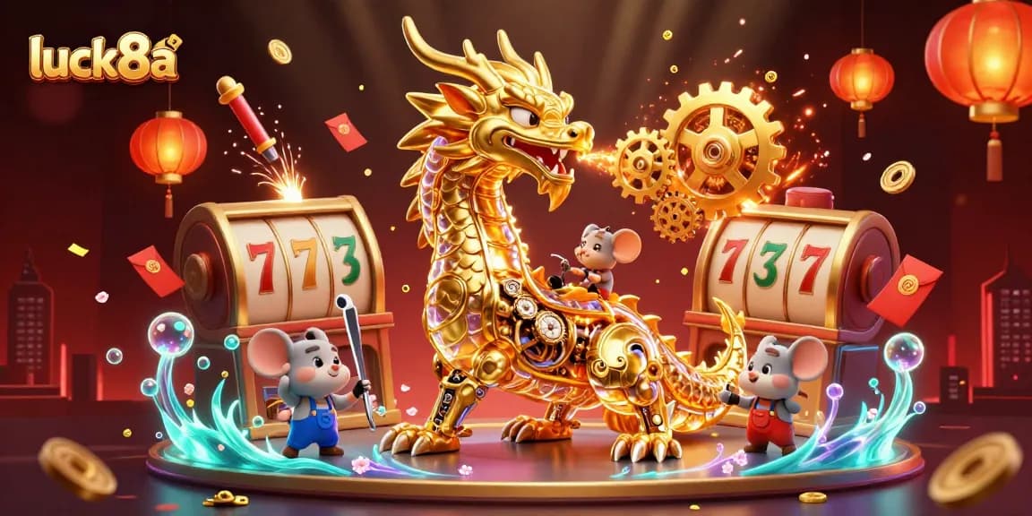 Engage with luck8a, a thrilling scene of a golden dragon and gaming symbols celebrating big wins.