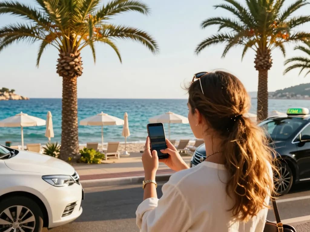 Un passager de taxi Saint-Tropez réservant un trajet dans un cadre de plage luxueux.