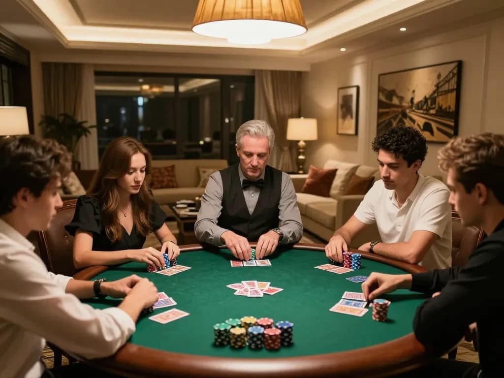 Players engaged in a poker game at home, enjoying ee88go's strategic betting atmosphere.