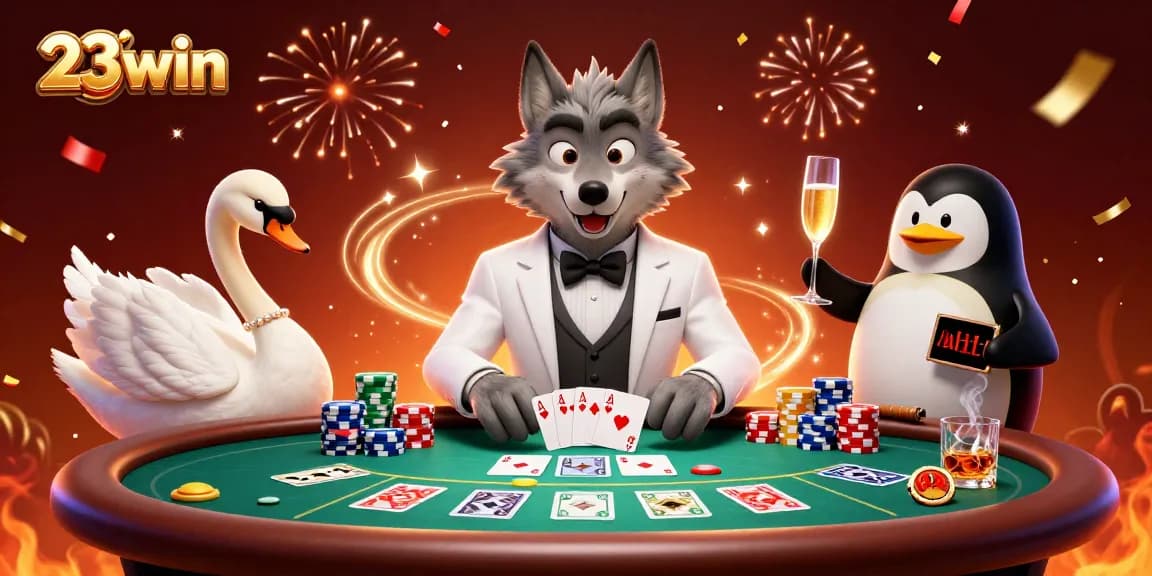 Experience the excitement with 23win at the baccarat table surrounded by lively characters.