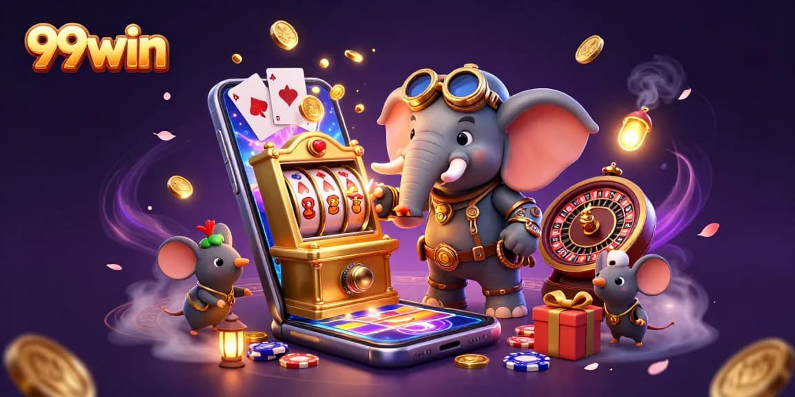 Engage with 99win thrills in a vibrant casino setting, featuring slot machines and gambling elements.