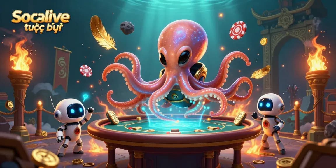 Experience Socolive trực tiếp with vibrant alien-themed poker action, featuring an octopus and robot.
