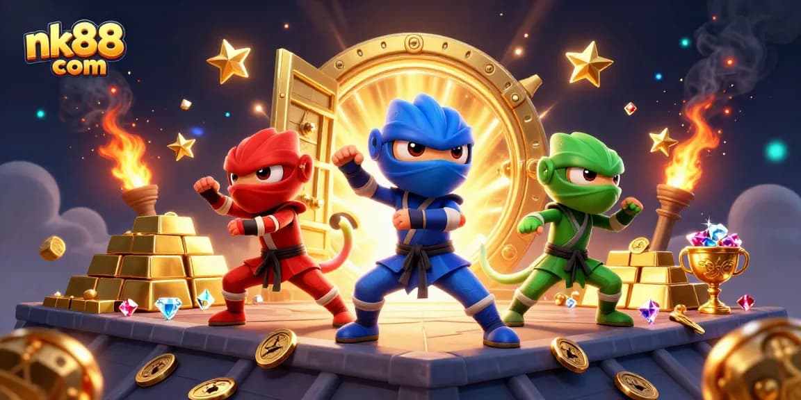 Engage with exciting games at nk88 com featuring ninja chameleons showcasing their skills amidst gold treasures.