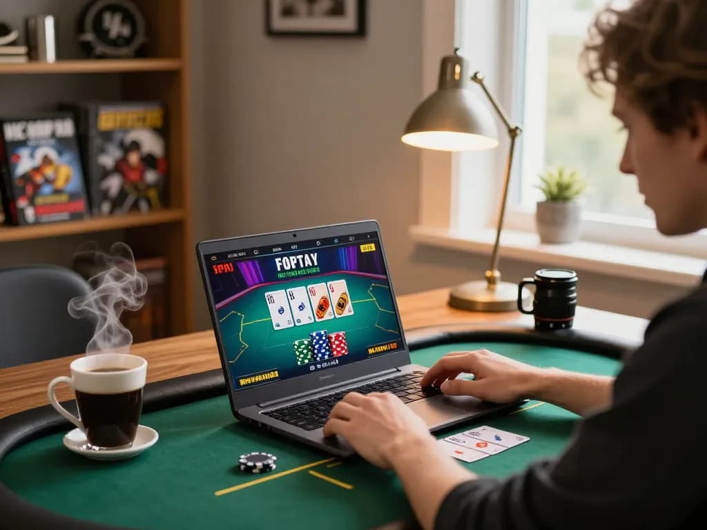 Engaging online poker gameplay via sunwingo platform on laptop, cozy environment.