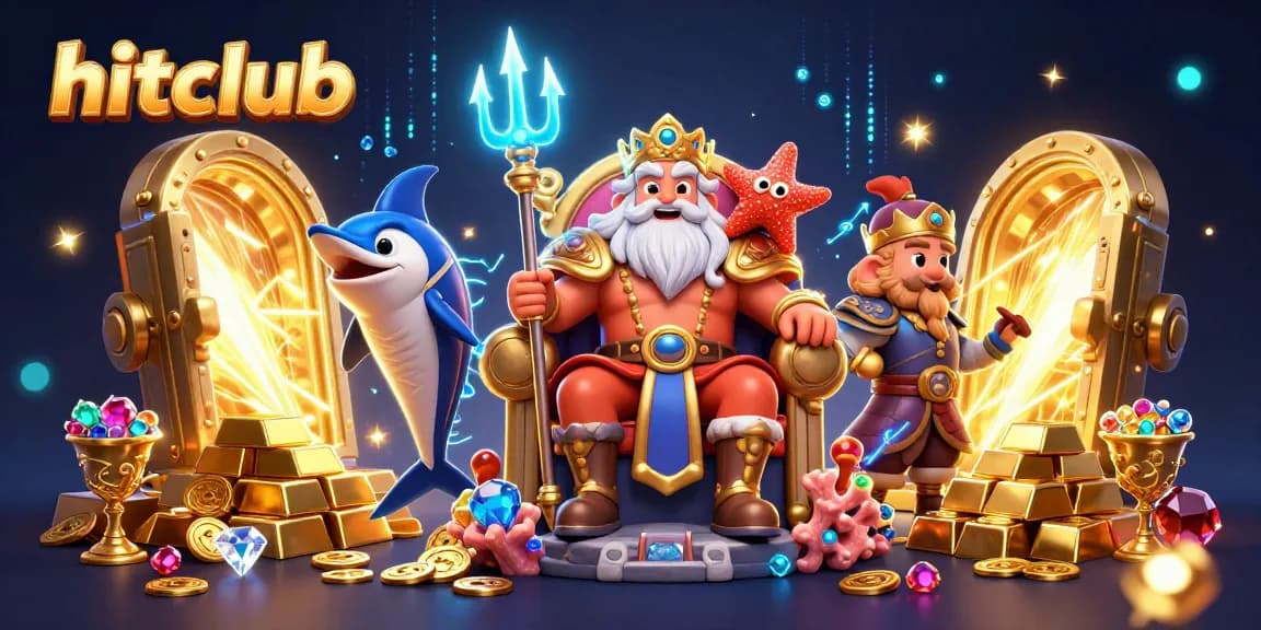 Engage with hitclub's thrilling gaming action in a vibrant 3D illustration of Neptune and casino elements.