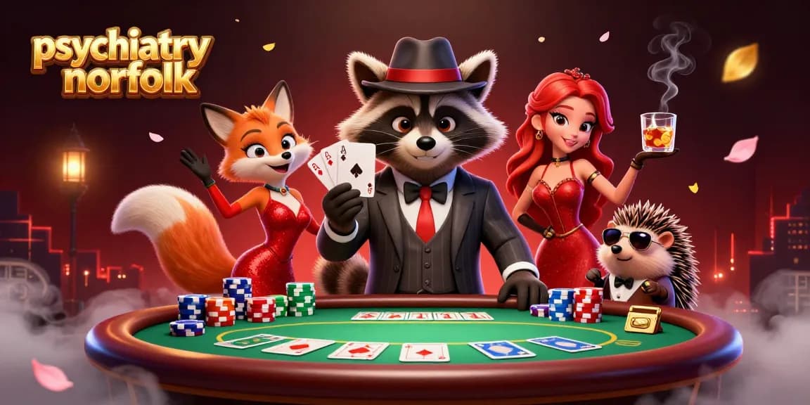 Engaging illustration showcasing psychiatry norfolk with a raccoon holding a royal flush, animated casino scene.