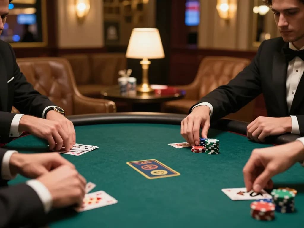 Players engaged in a high-stakes poker game at a luxury casino table, showcasing 8day's exciting gaming atmosphere.