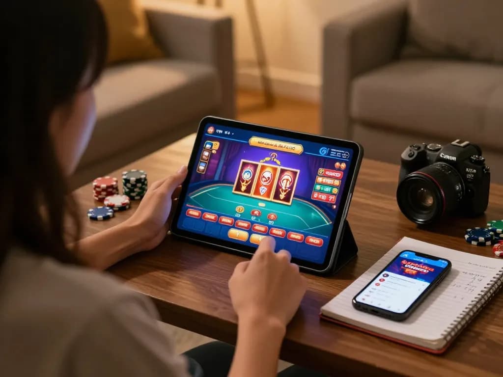 Engaging in online gambling at nhà cái max88 with tablet and betting strategy notes.