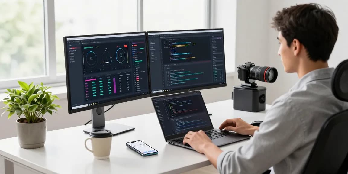 快连 technology workspace showing a developer optimizing network performance with dual monitors and coding.