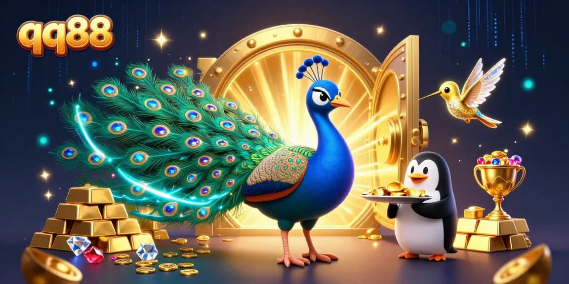 Experience the thrill of qq88 with this vibrant 3D casino illustration showcasing characters and golden treasures.