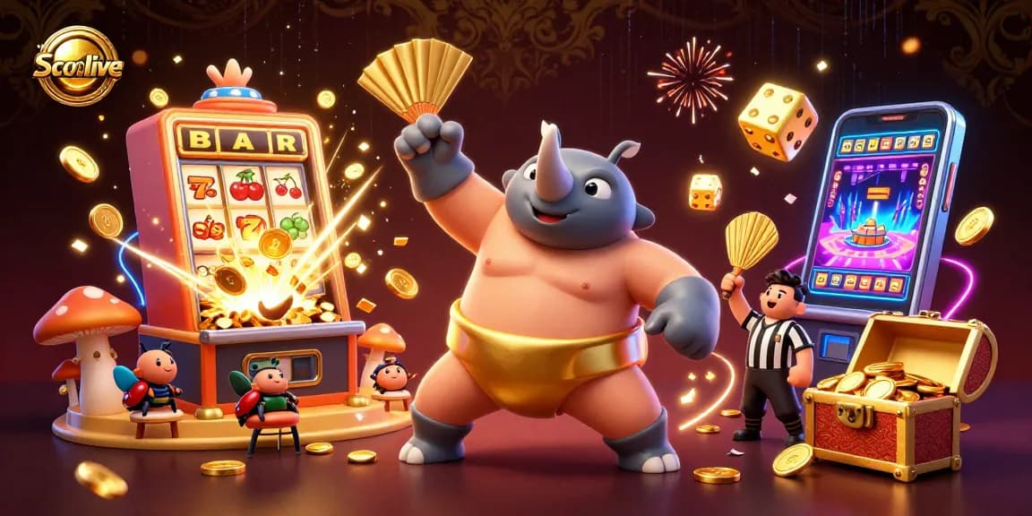 Socolive features a dynamic 3D illustration where a beetle sumo champion slams down, scattering gold coins amid a vibrant casino atmosphere.