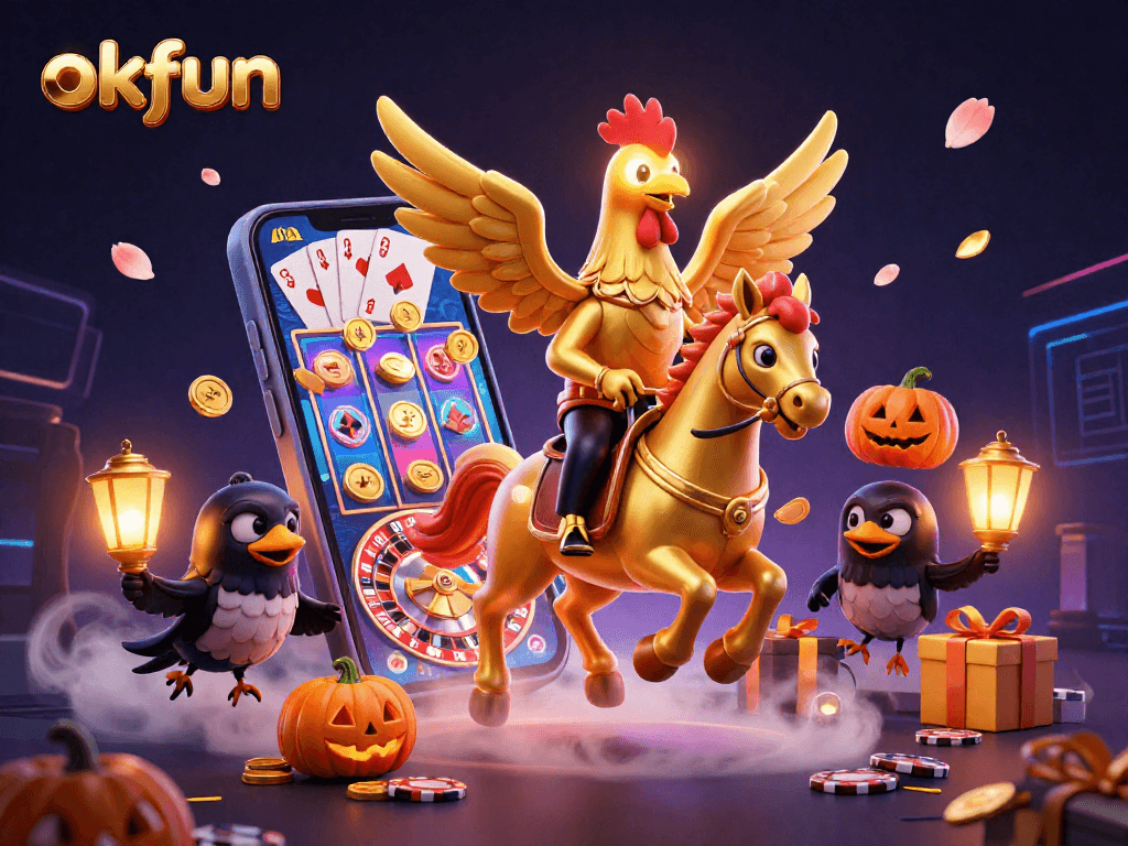 Experience the excitement of okfun with thrilling casino gaming depicted in a vibrant 3D illustration.