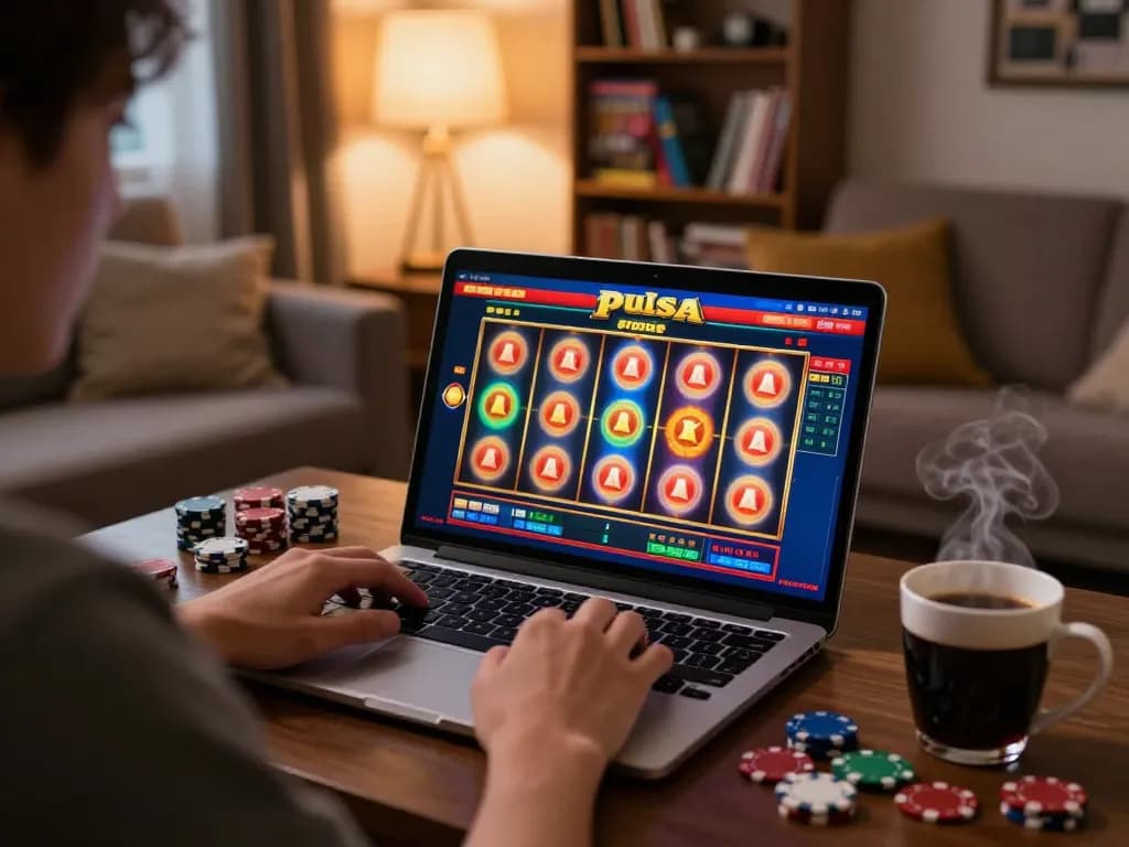 Engaging with slot pulsa gaming on a laptop, showcasing a comfortable atmosphere and strategy.