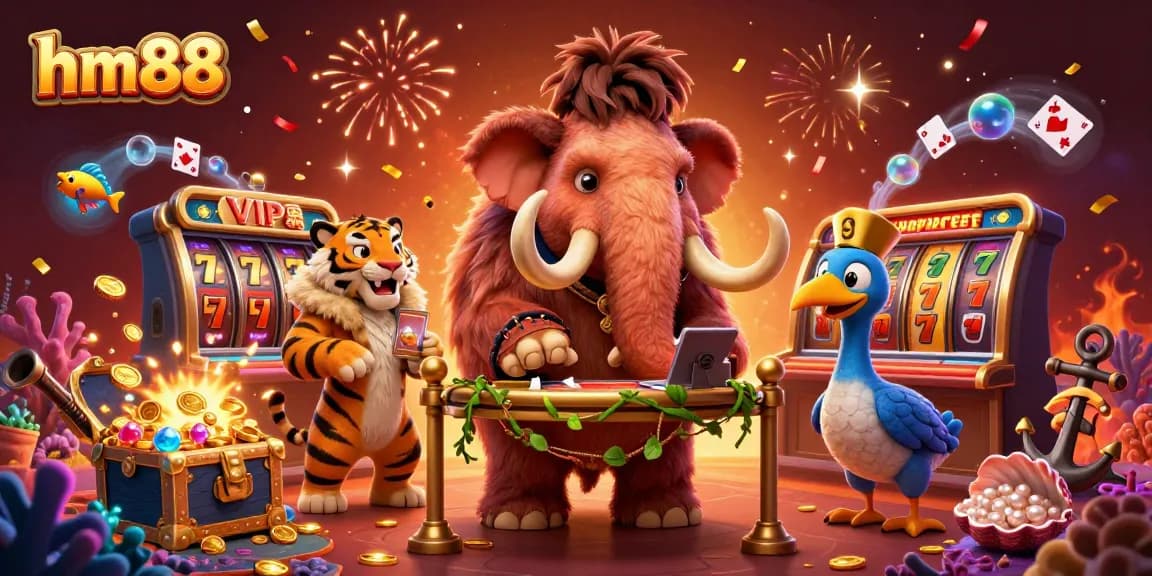 Join the fun at hm88 and check IDs with a woolly mammoth casino bouncer in this vibrant, detailed illustration.