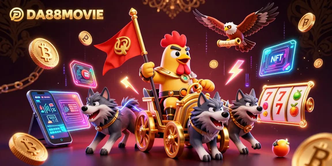 Engage with DA88MOVIE's vibrant online casino scene showcasing a rooster warlord and crypto elements.