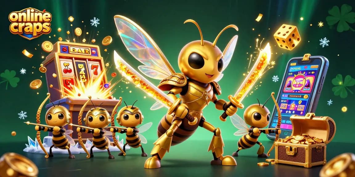 Engage in online craps with dazzling 3D casino art featuring vibrant characters and slot machines.