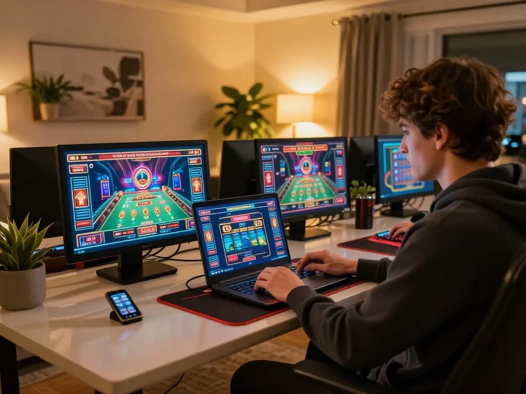 Engaging with 79win online casino game on laptop in a cozy home environment, showcasing strategic gameplay