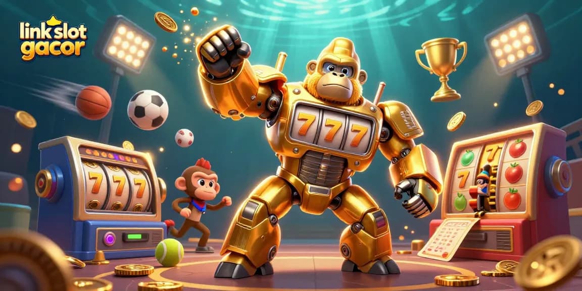 Engage with link slot gacor through a dynamic 3D illustration featuring a golden mech and gaming elements.